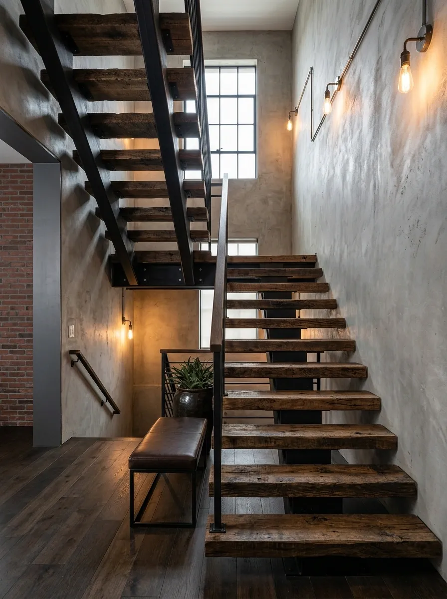 Industrial Staircase With Reclaimed Timber and Black Metal