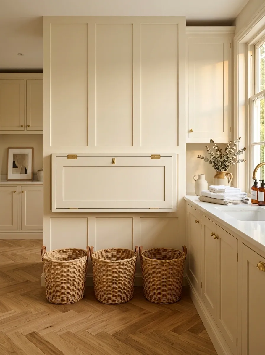 Install a Narrow Fold-Down Counter Above the Laundry Baskets