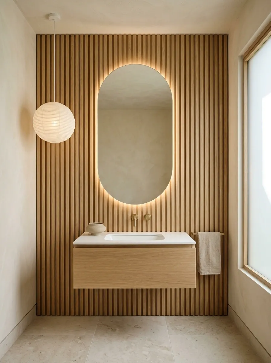 Japandi Bathroom With Slatted Oak Wall