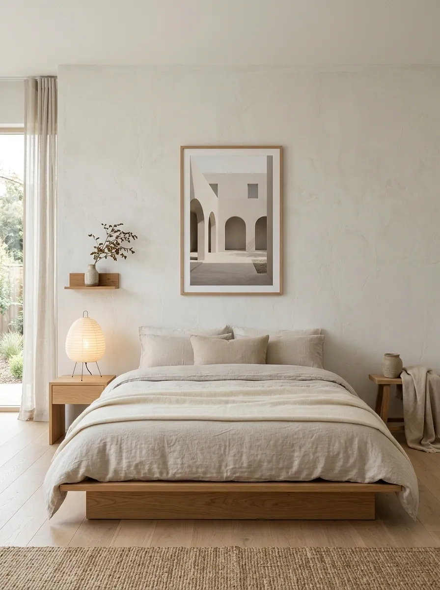 Japandi Bedroom With One Quiet Architectural Poster