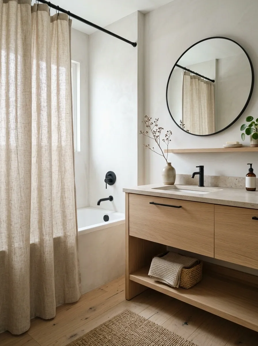 Japandi Small Bathroom With Oatmeal Woven Curtain