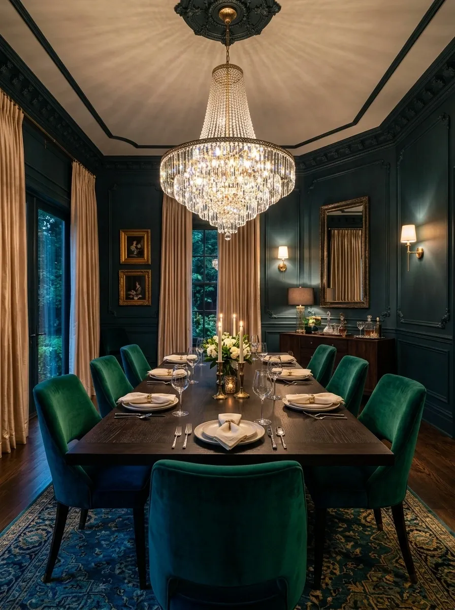Jewel-Toned Dining Room With a Sparkling Statement Chandelier