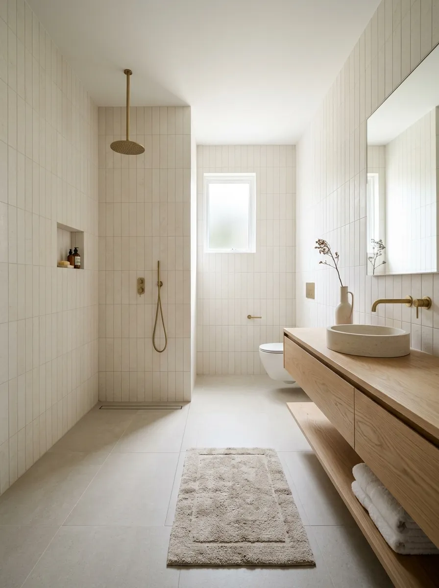 Keep a narrow bathroom light with pale vertical tile