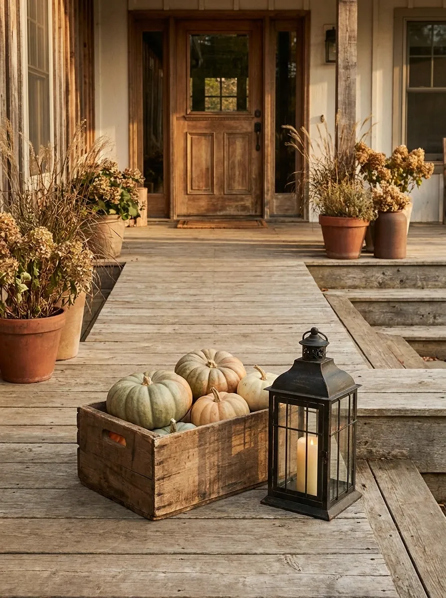Keep the Porch Decor Low With Wooden Boxes and Heirloom-Style Pumpkins