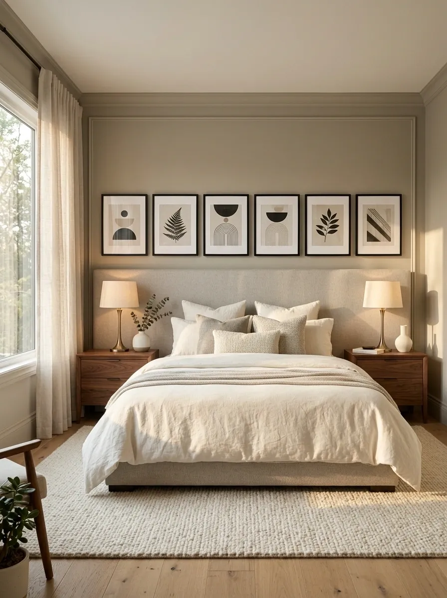 Large Black Frames Over a Soft Greige Headboard