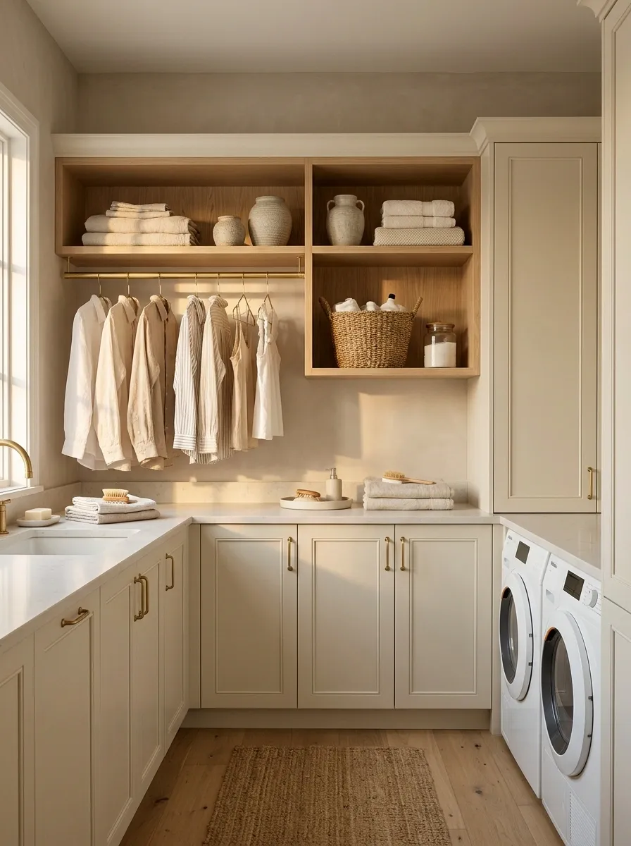Laundry Room With Open Shelves and a Built-In Hanging Rail
