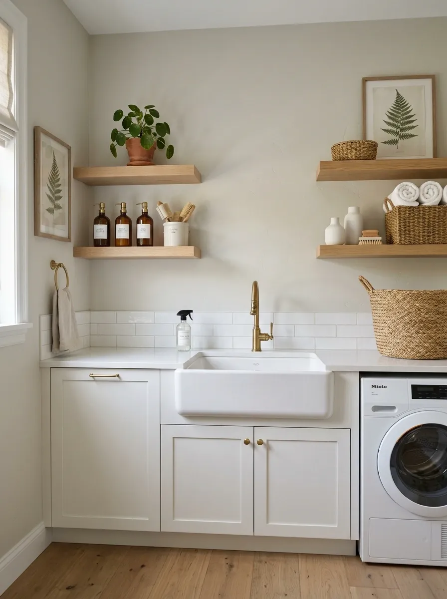 Laundry Room With Shelves Framing a Utility Sink