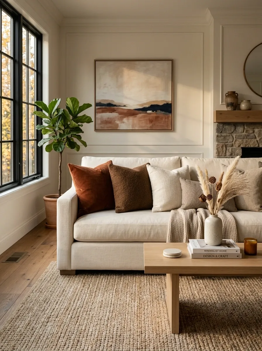 Layer a Neutral Sofa With Rust, Cream, and Brown Textures