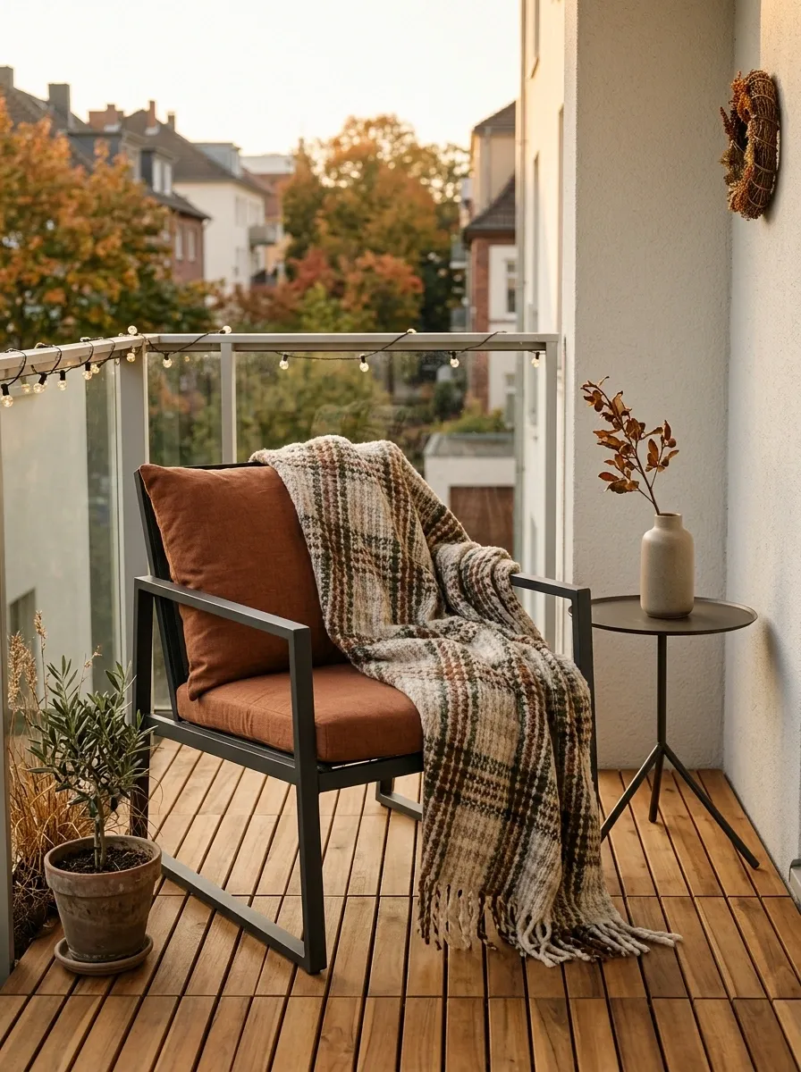 Layer a Plaid Throw Over a Small Balcony Chair