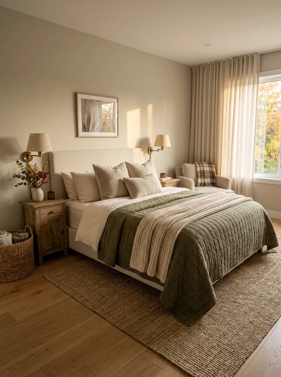 Layer an Olive Quilt Over Neutral Sheets