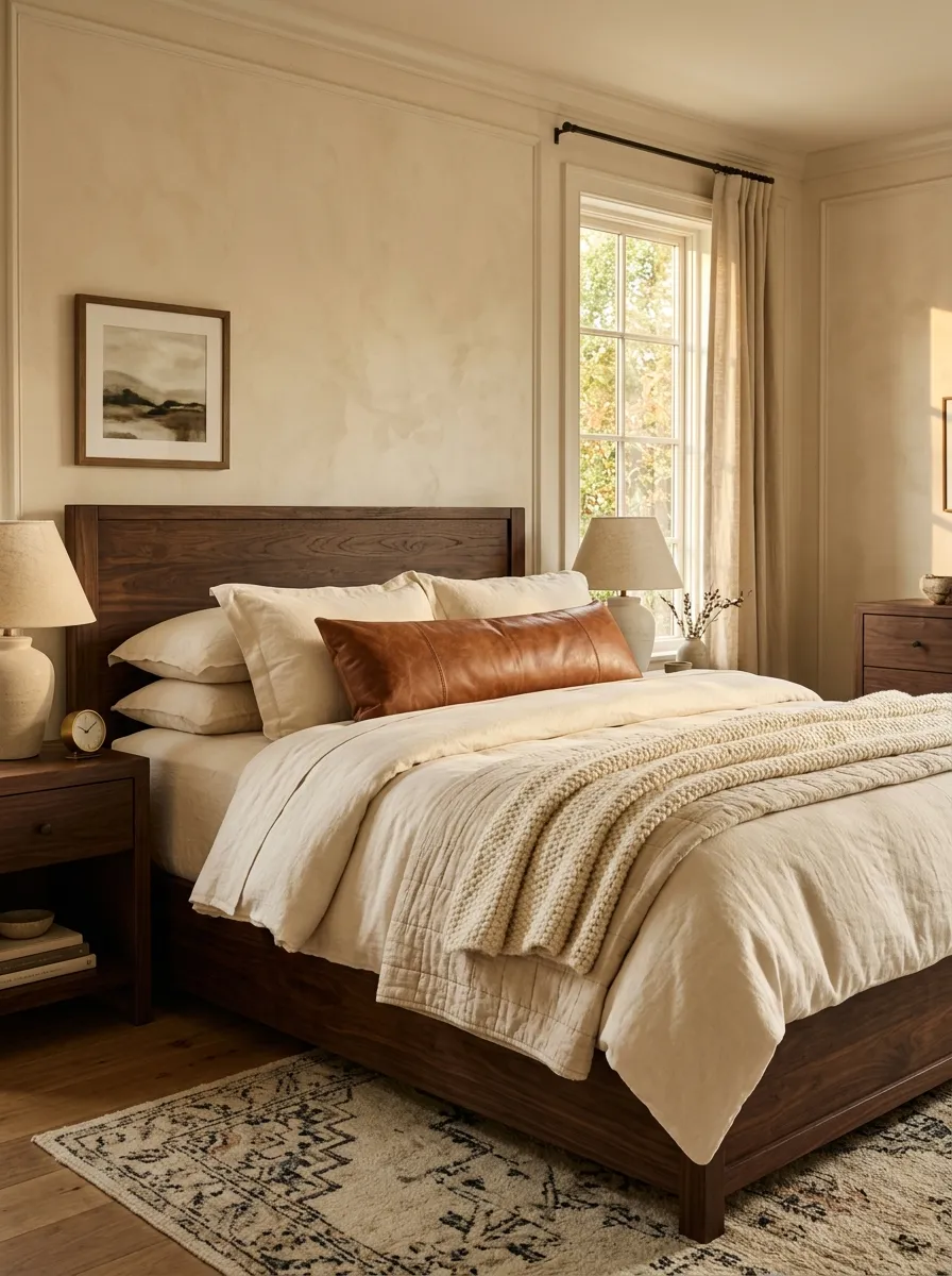 Layer Cream Bedding With One Strong Leather Accent