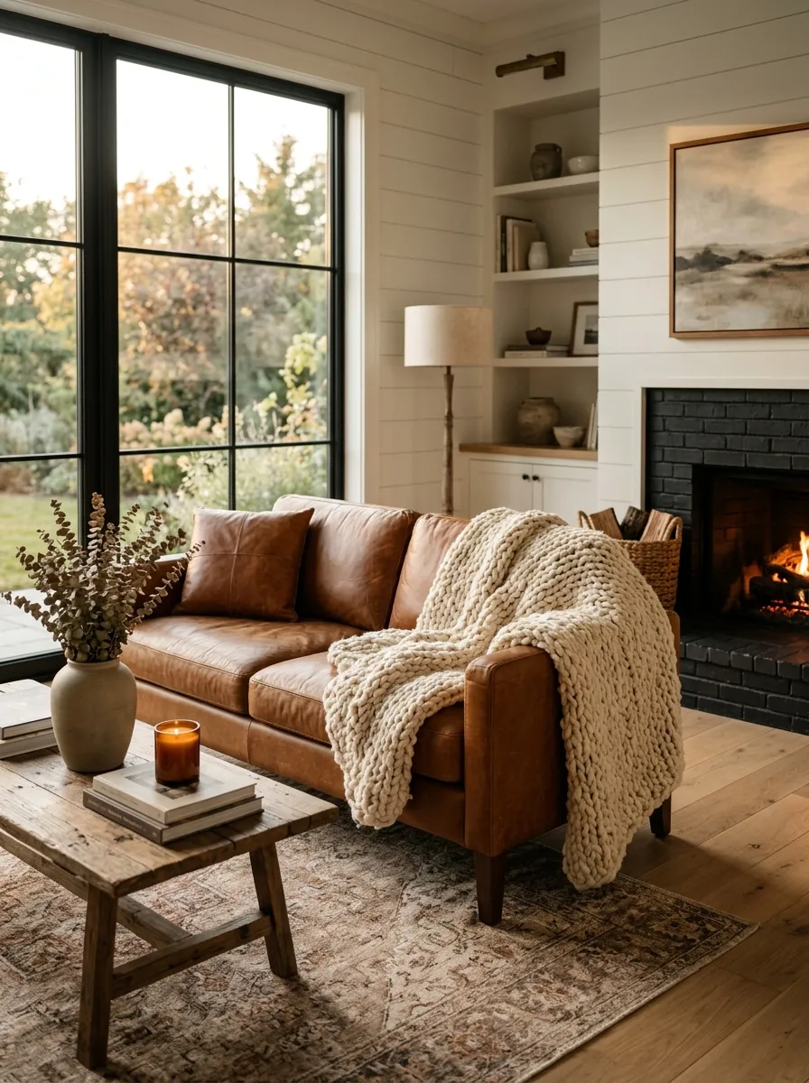 Layer Heavy Knit Throws on Leather