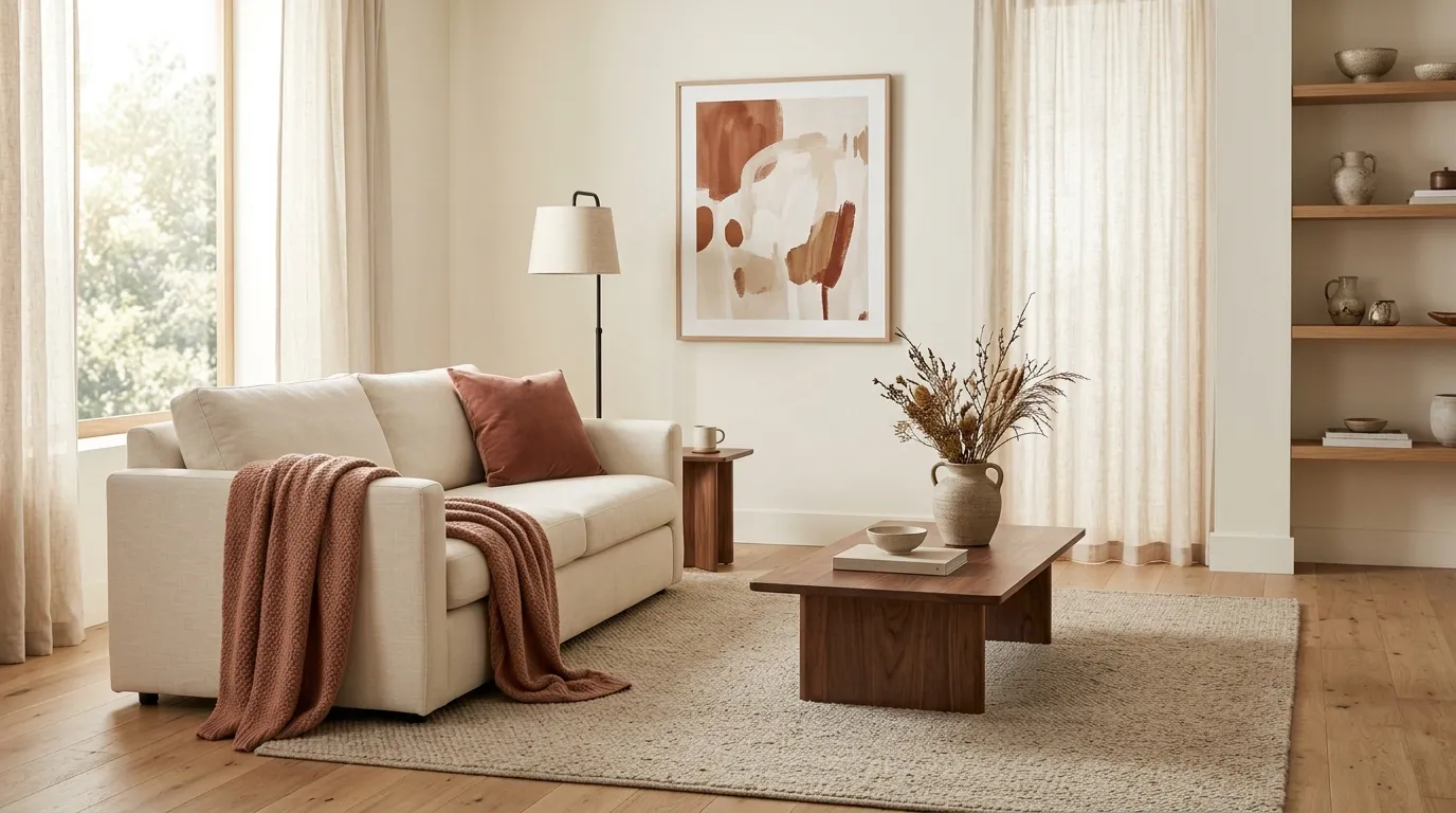 Layer Muted Rust Into a Neutral Living Room