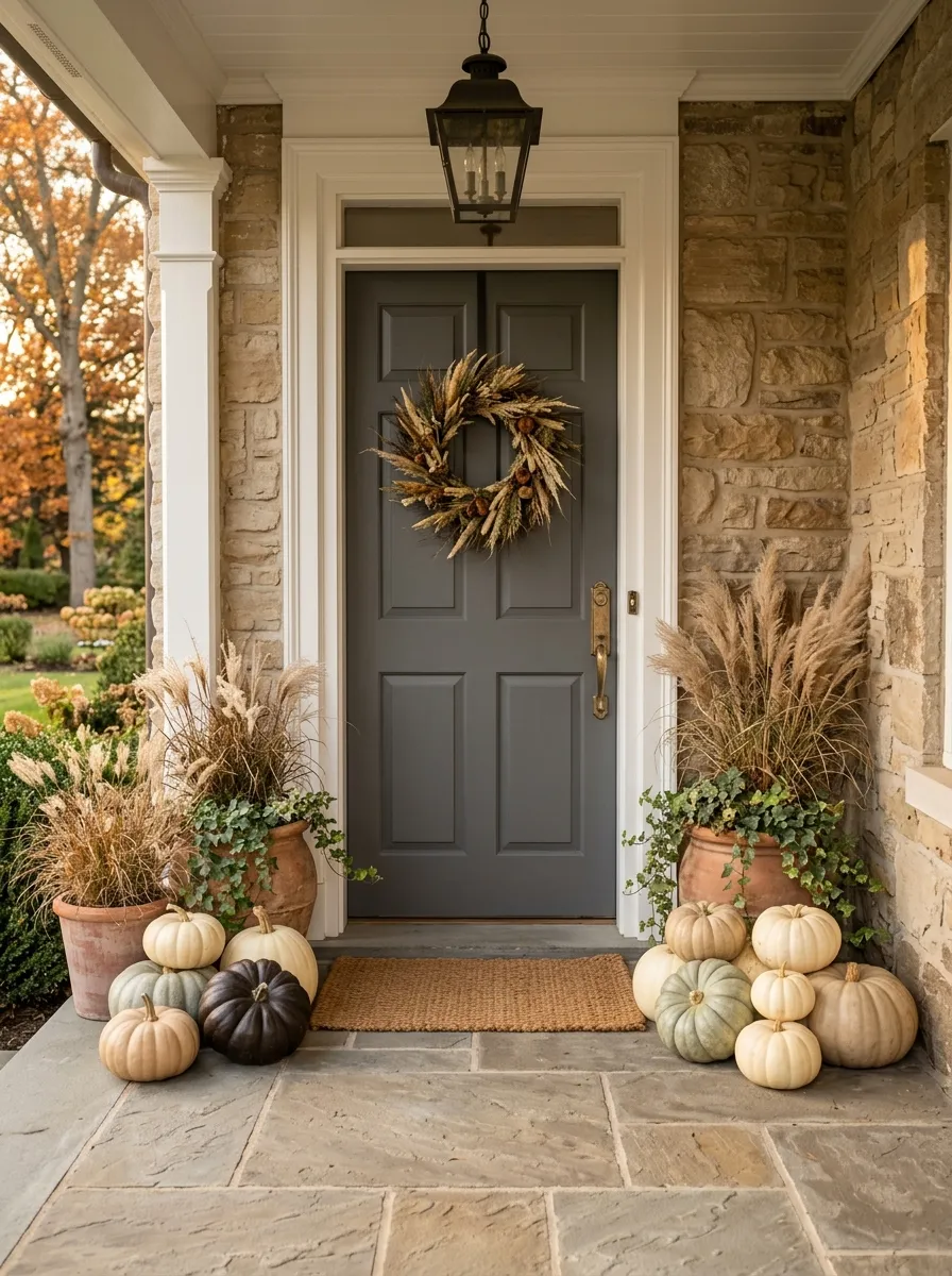 Layer Neutral Pumpkins Around the Front Door