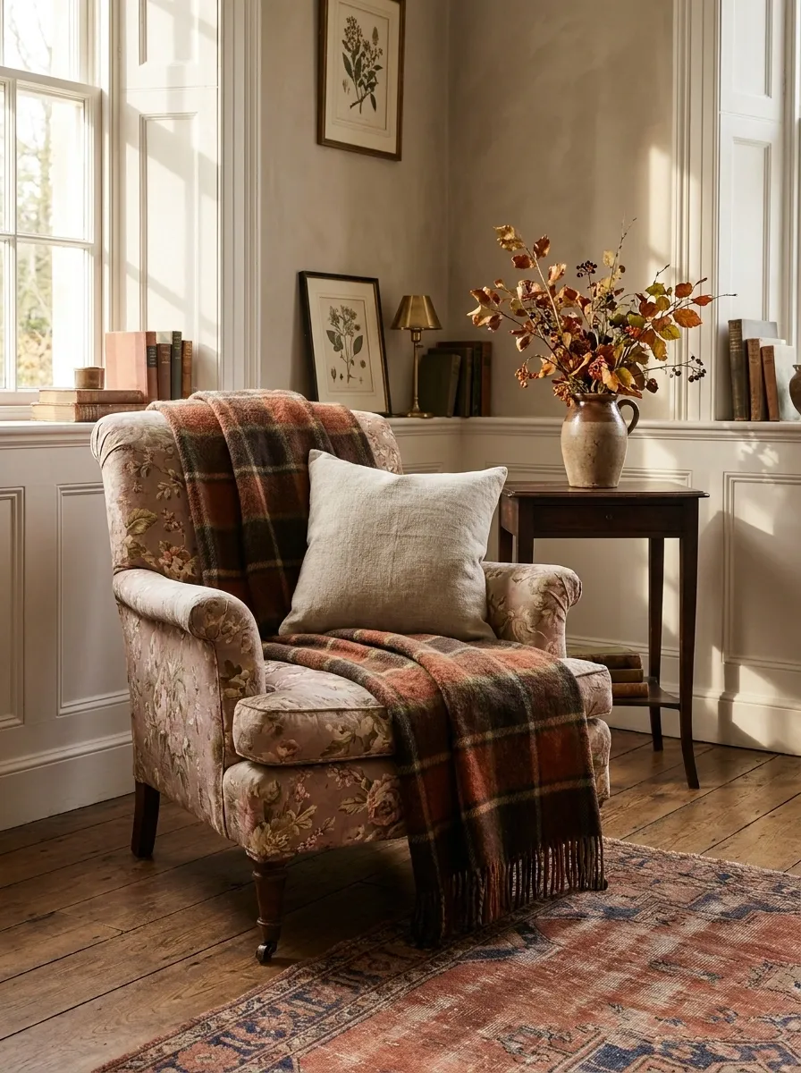 Layer Plaid Throws Over Faded Floral Upholstery