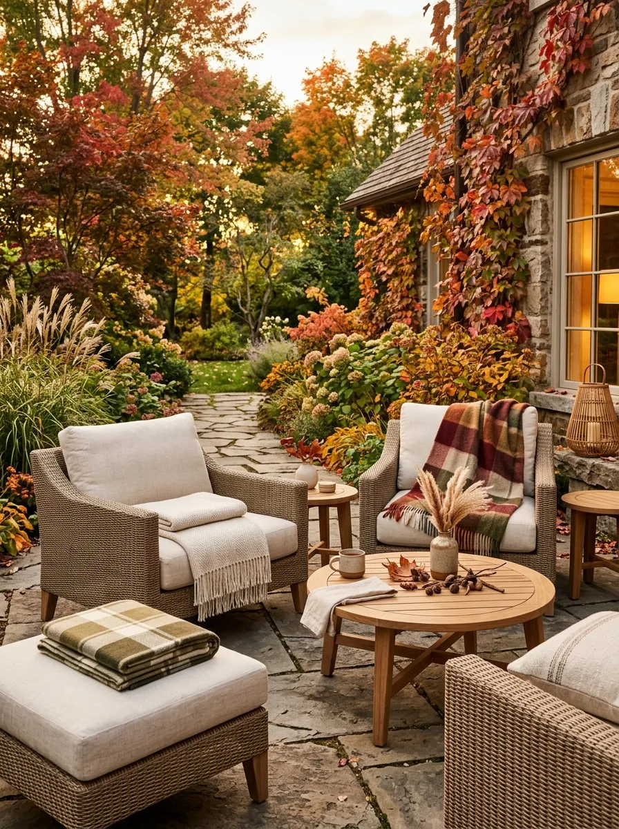 Layer Plaid Throws Over Outdoor Chairs for Instant Fall Warmth