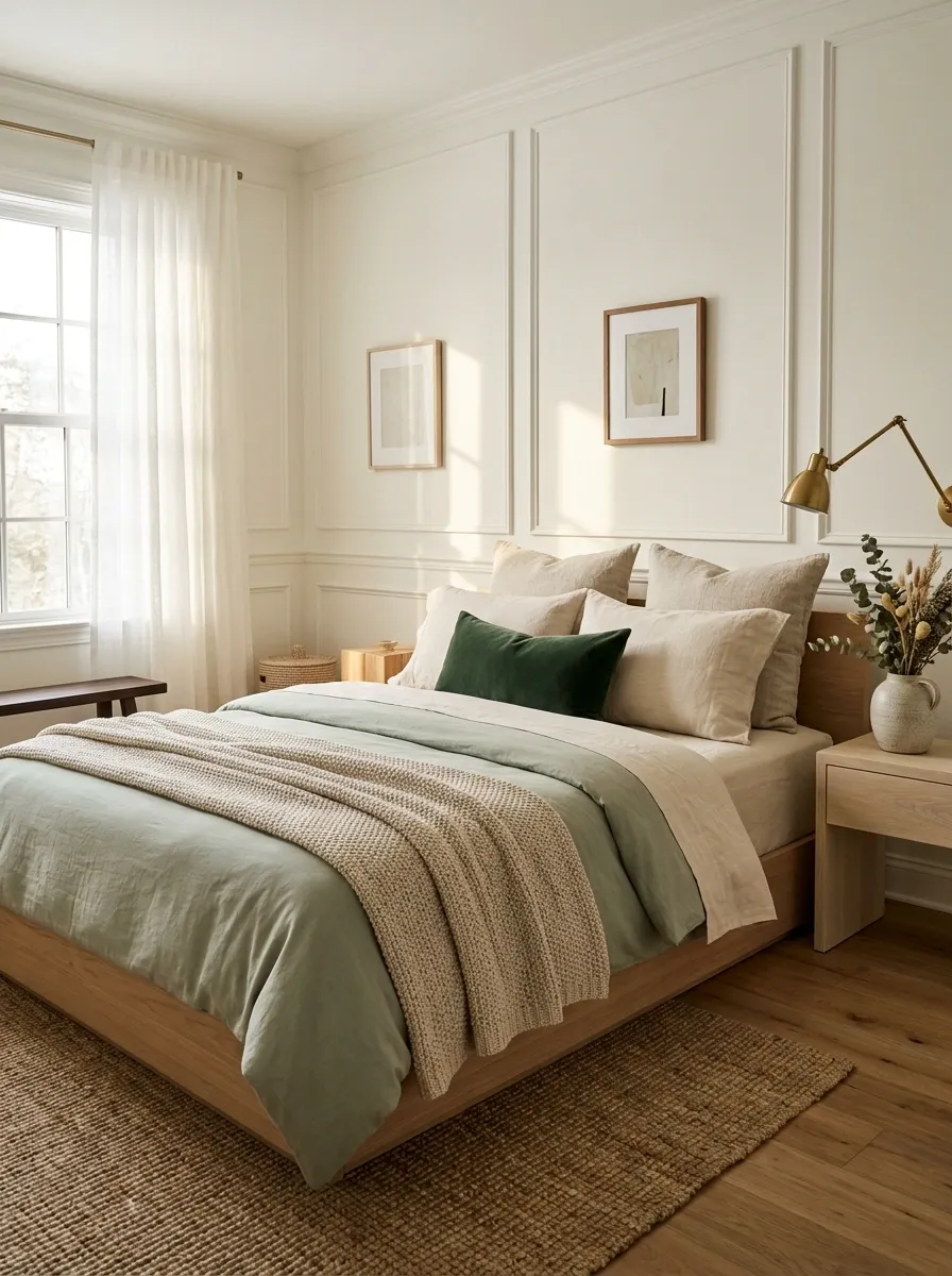 Layer Sage Bedding With Oatmeal and Natural Linen