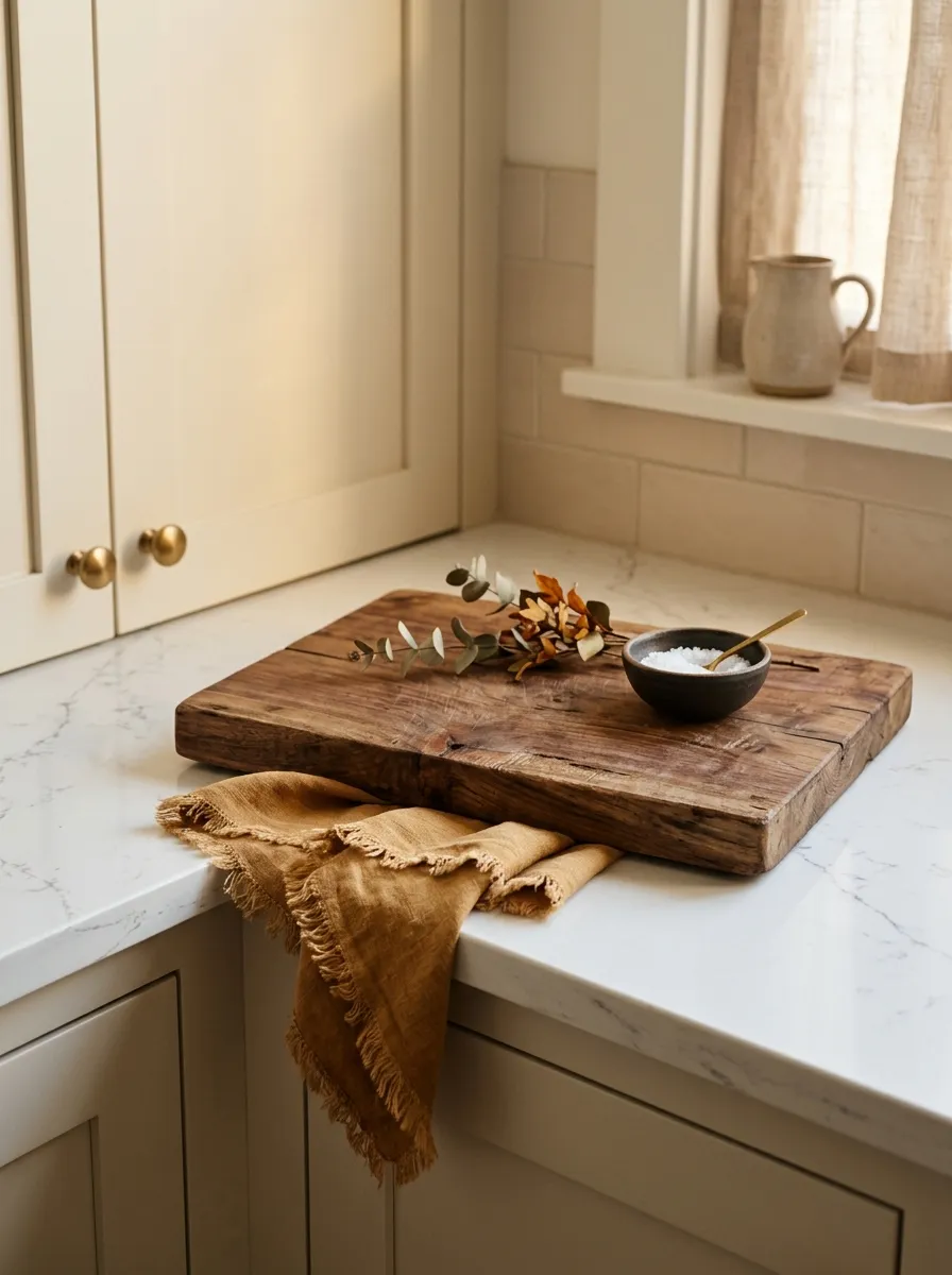Layer Warm Orange Linen Napkins Under Kitchen Cutting Boards