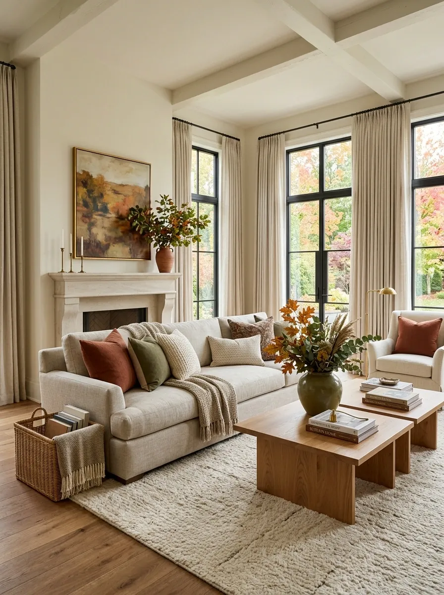 Layered Autumn Family Room With Natural Wood and Soft Contrast