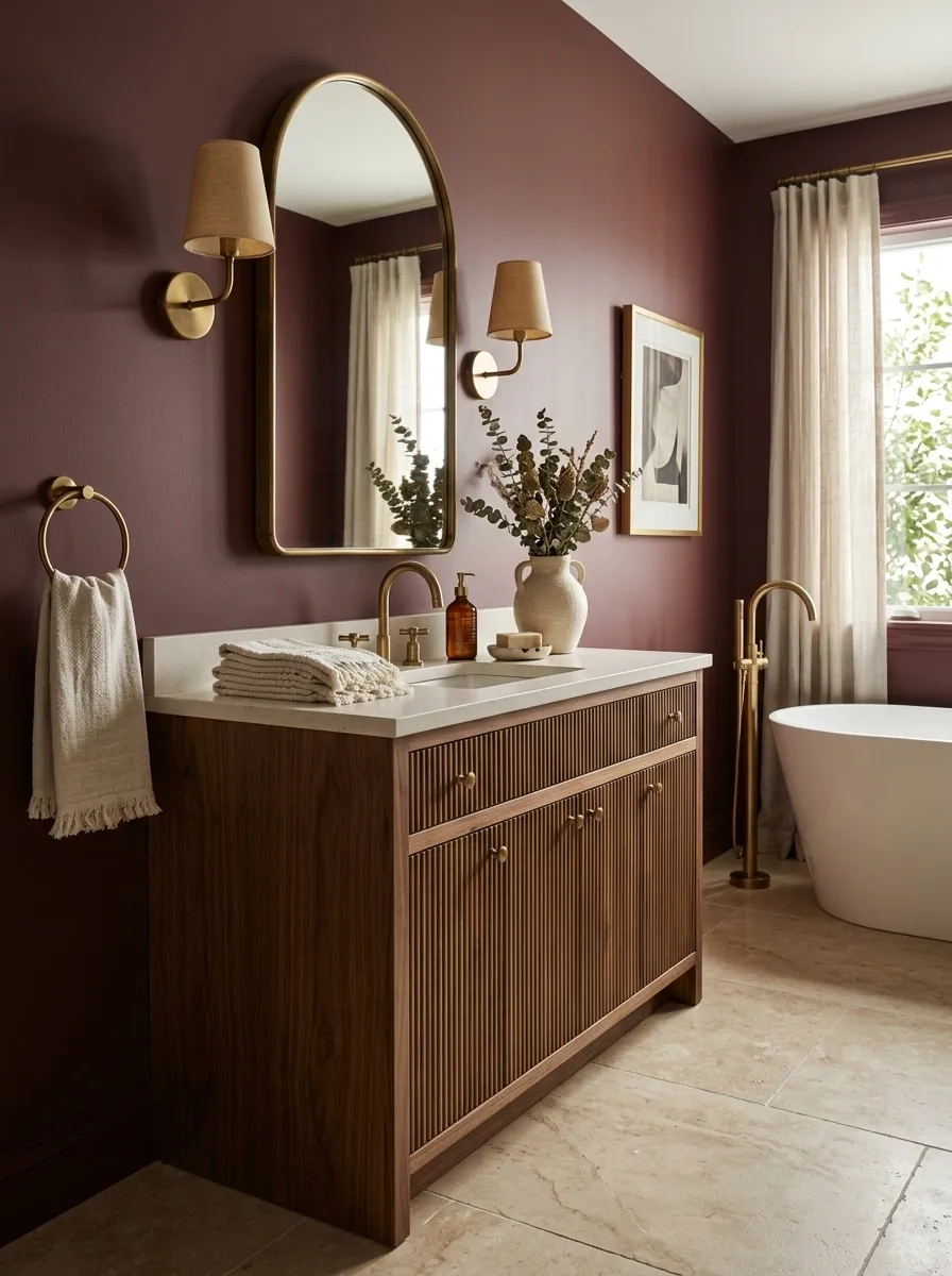 Layered Burgundy Bathroom With Mixed Warm Neutrals