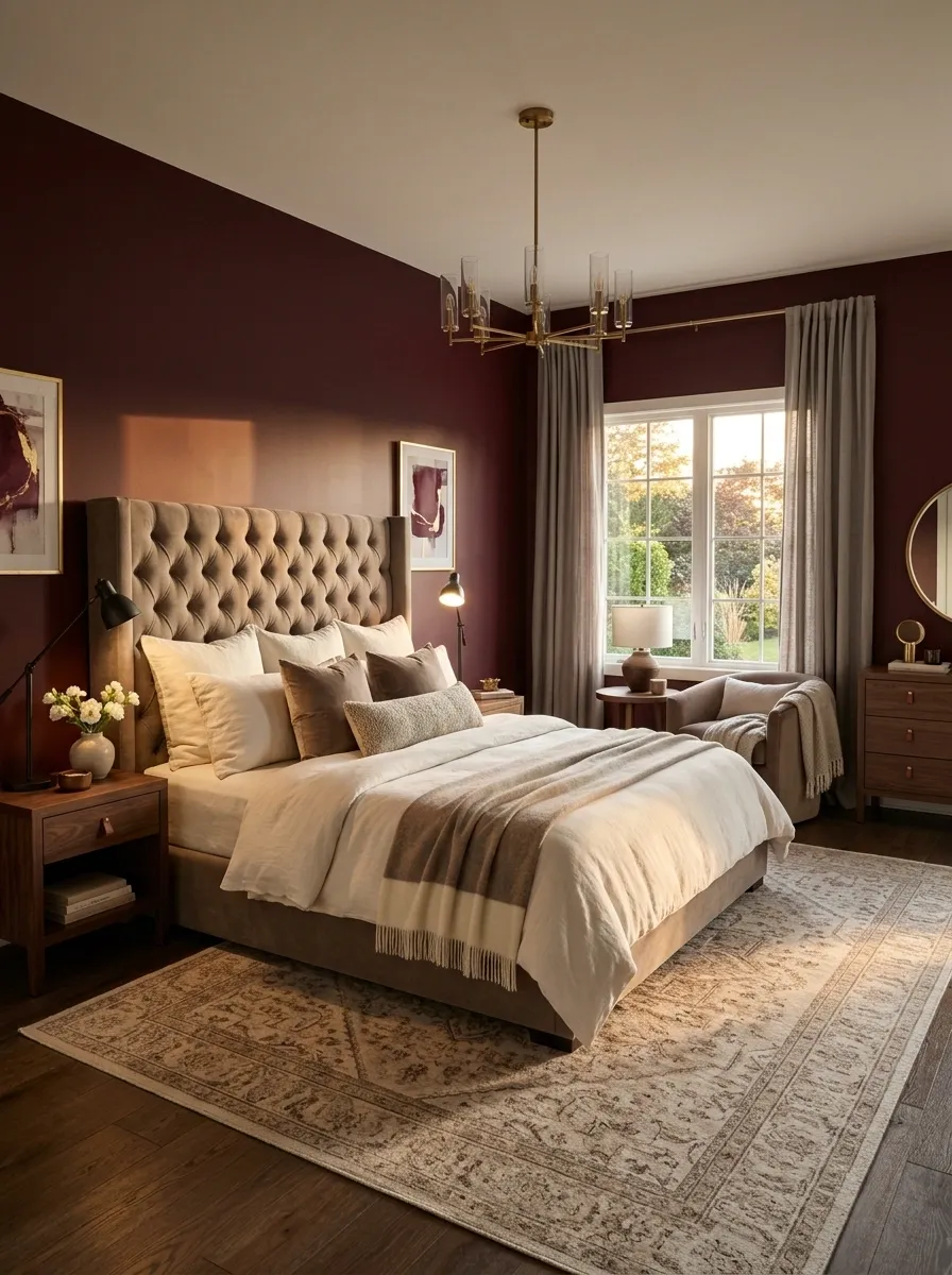 Layered Burgundy Bedroom With Mixed Warm Neutrals