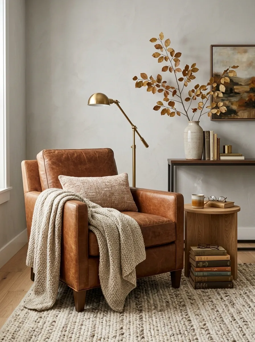 Layered Fall Reading Corner With Cognac Leather and Oak