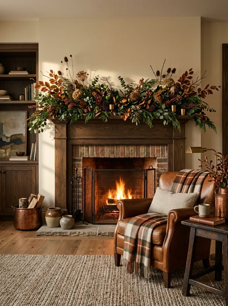 Layered Fireplace With Plaid, Leather, and Copper