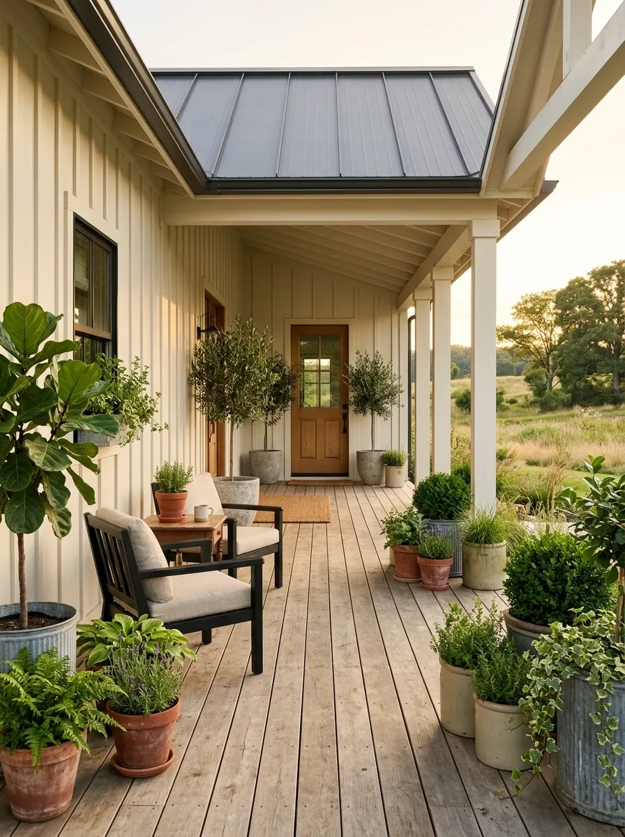 Layered Greenery Along a Long Farmhouse Porch