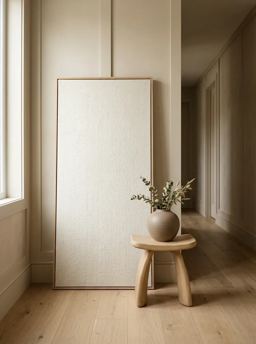 Layered Neutral Wall With a Tall Linen Artwork and Sculptural Stool