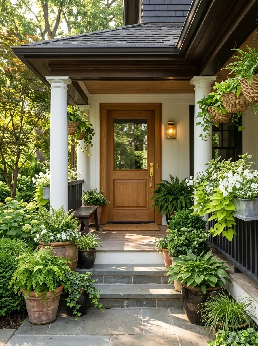 Layered Porch With Steps, Rails, and Hanging Greenery