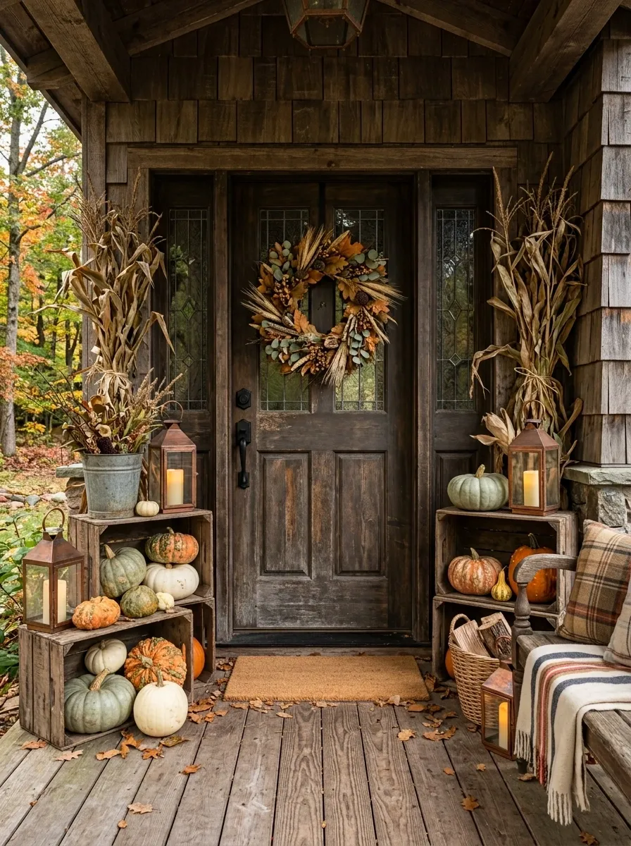 Layered Rustic Porch With Vintage Crates and Heirloom Pumpkins