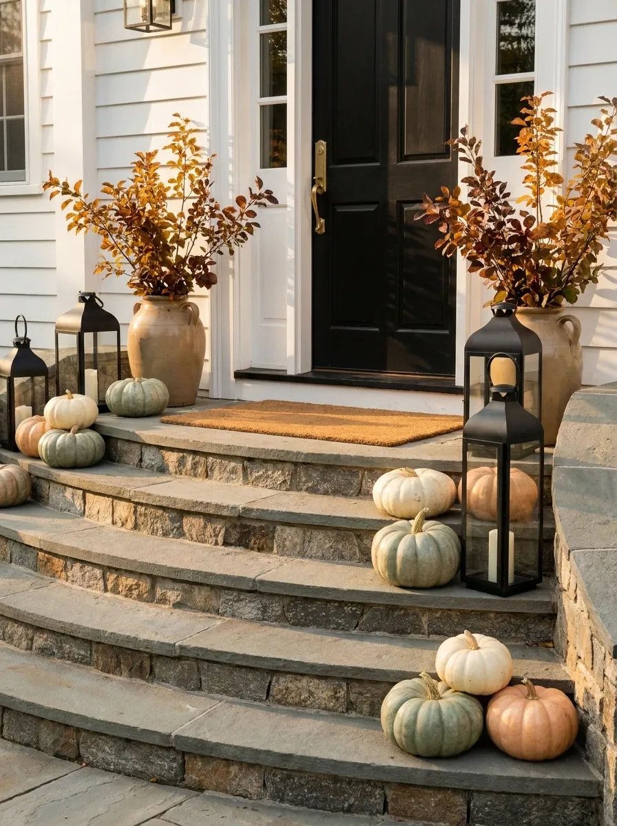 Layered Stair Entry With Pumpkin Clusters and Oversized Lanterns