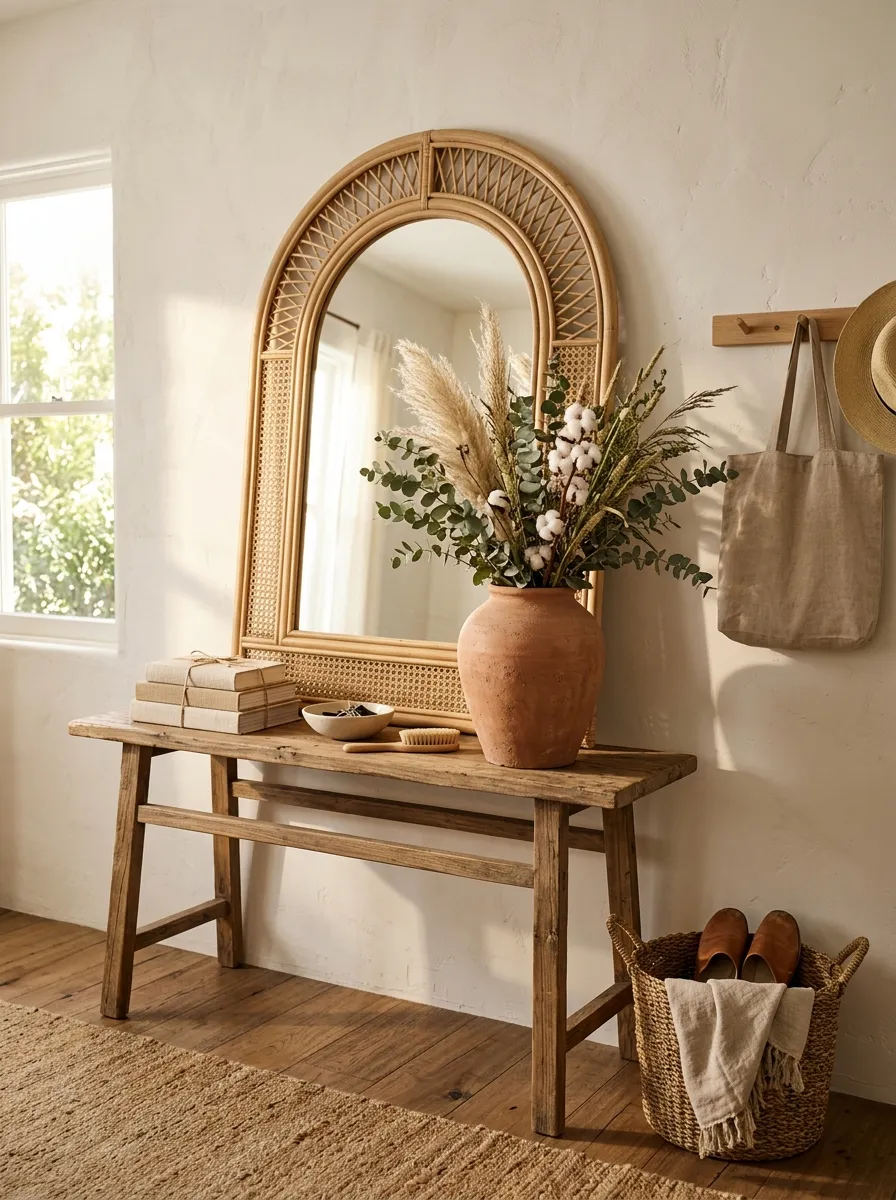 Lean A Rattan Mirror Behind Your Entryway Console