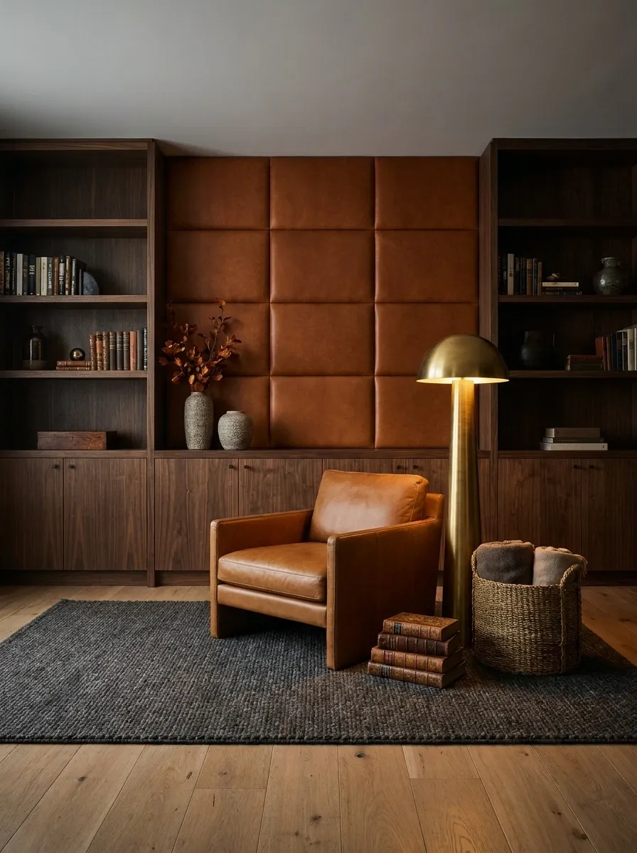 Leather Wall Panels in a Rich Cognac Finish