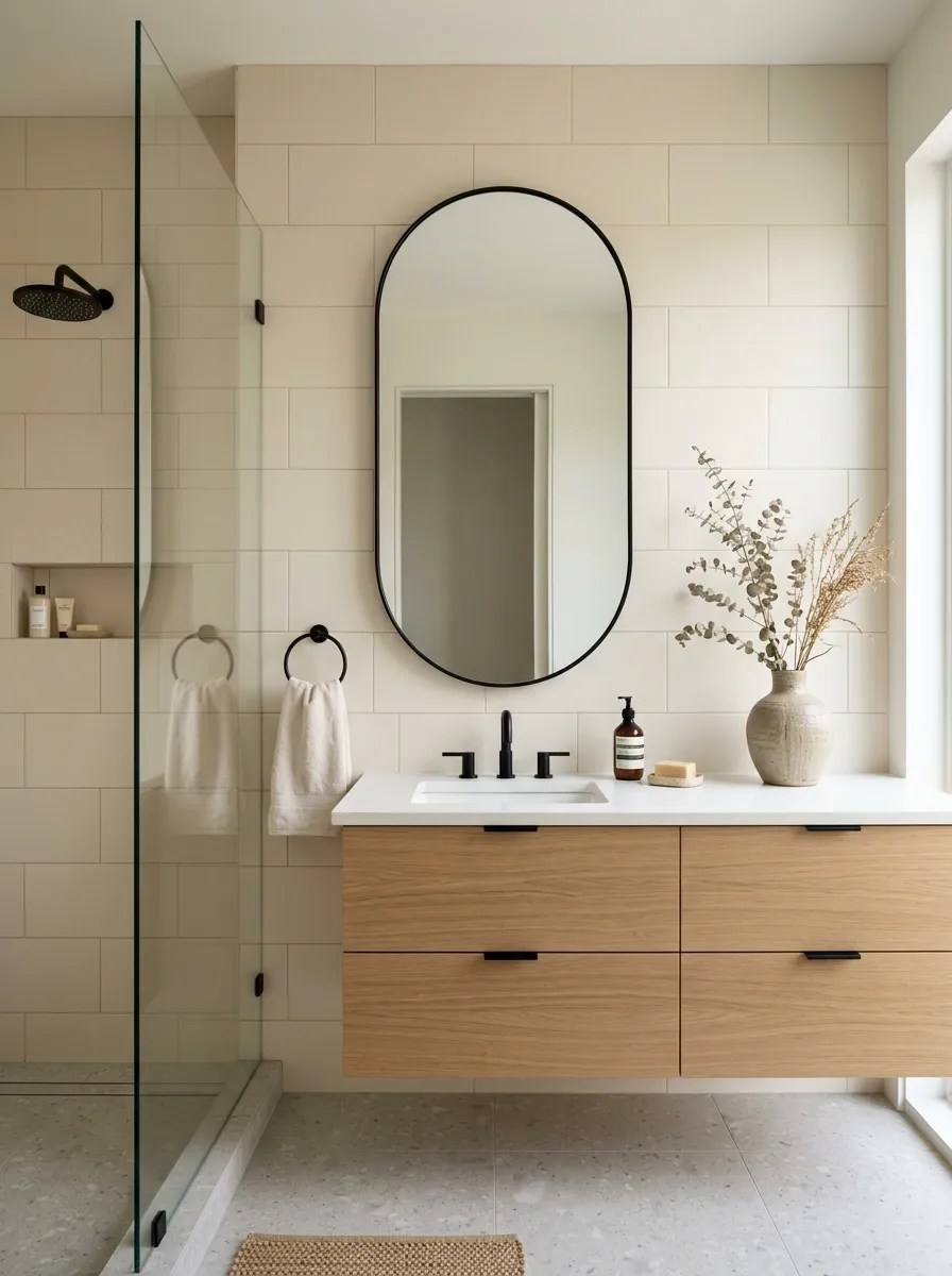 Let a Curved Mirror Break Up Hard Bathroom Lines