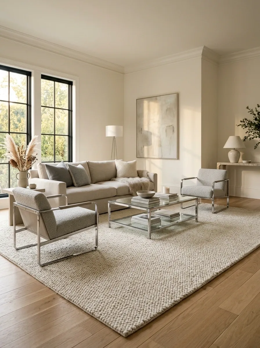 Let a Pale Rug Break Up a Shiny Furniture Cluster
