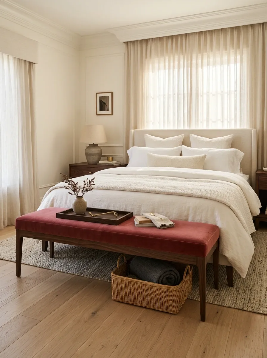 Let a Red Bench Anchor the Foot of the Bed