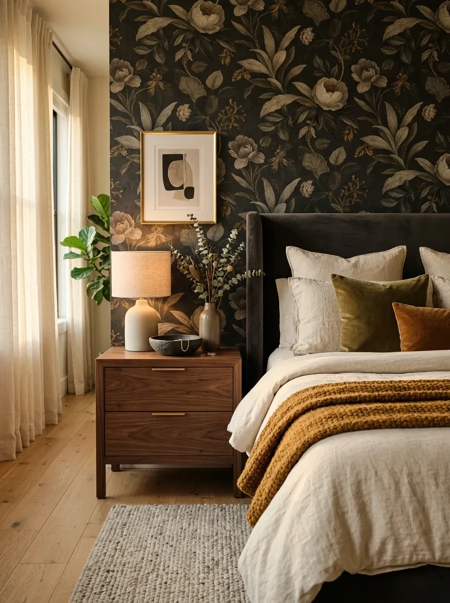 Let Natural Wood Soften a Nearly Black Floral Scheme