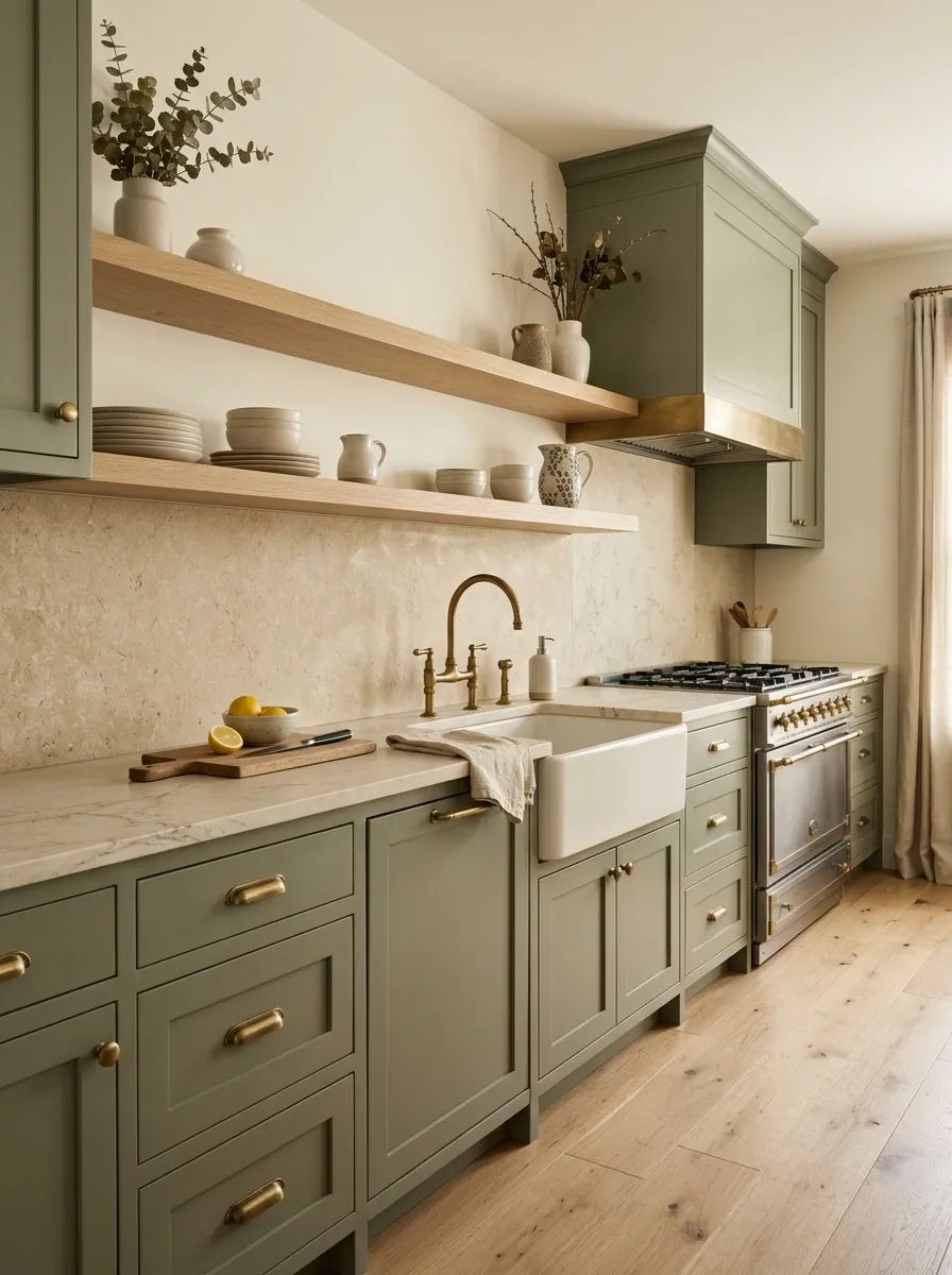 Let Sage Cabinets Stand Out Against Warm Stone