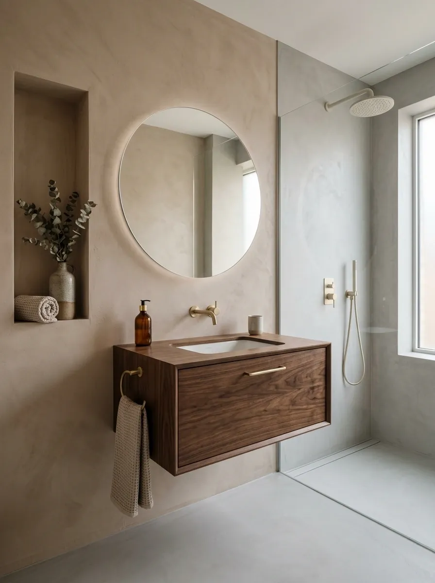 Light Clay Bathroom With Microcement and Walnut