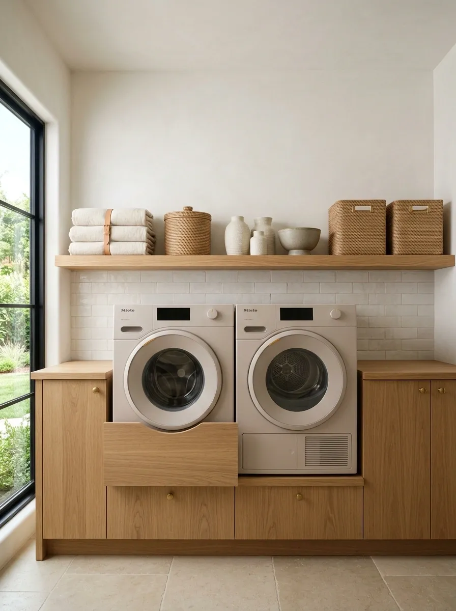 Long Open Shelves Above Side-by-Side Machines