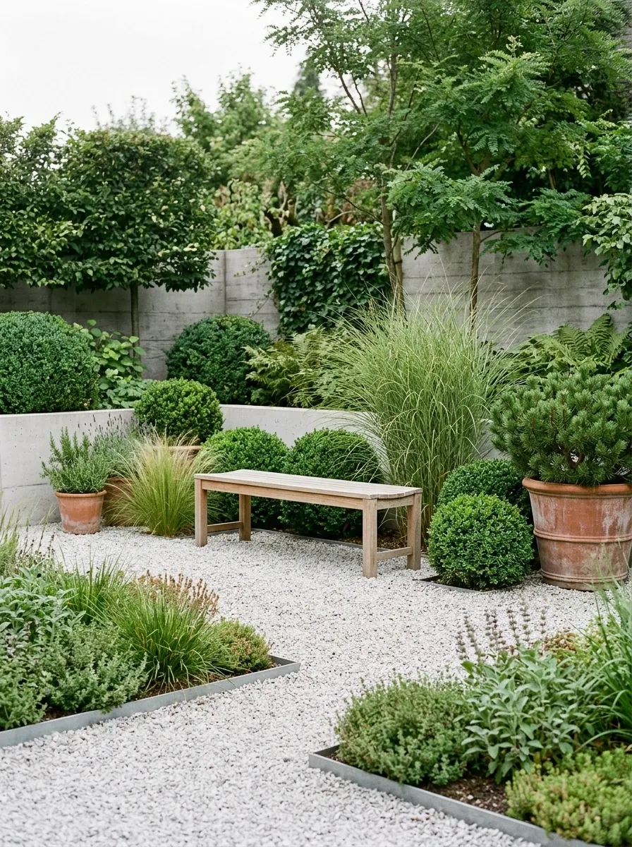 Low-Maintenance Gravel Garden With a Small Bench