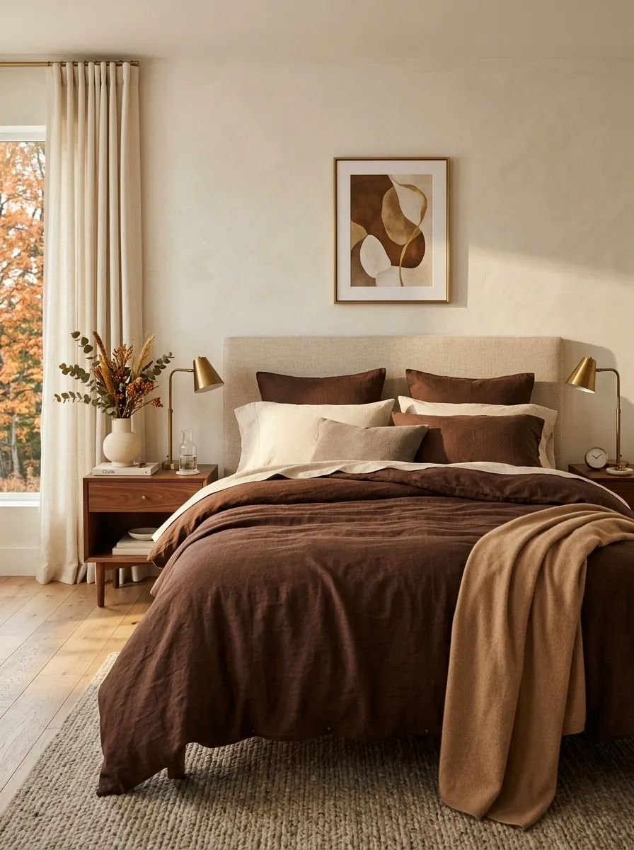 Luxe Autumn Bedroom With Deep Brown Linen and Brass