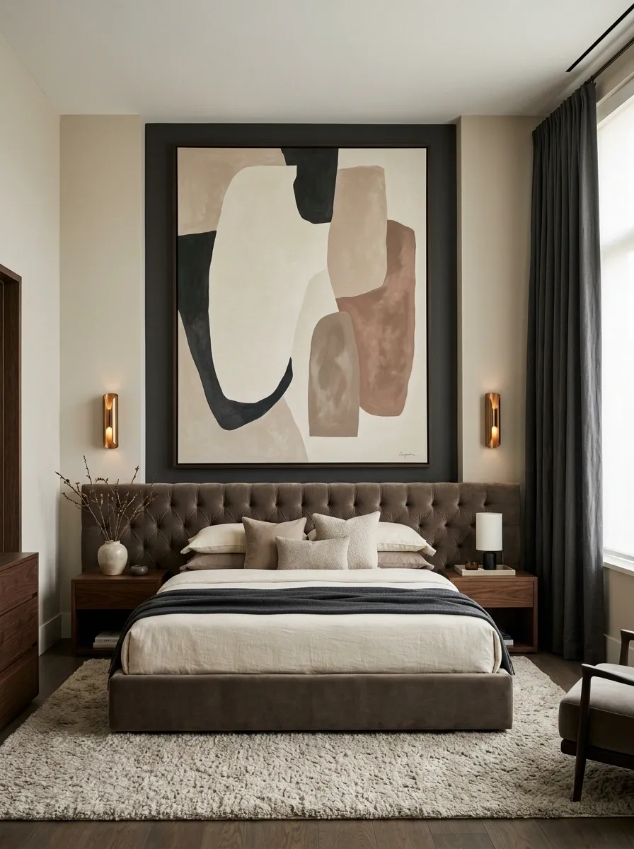 Luxe Bedroom With Oversized Abstract Art and Bronze Accents