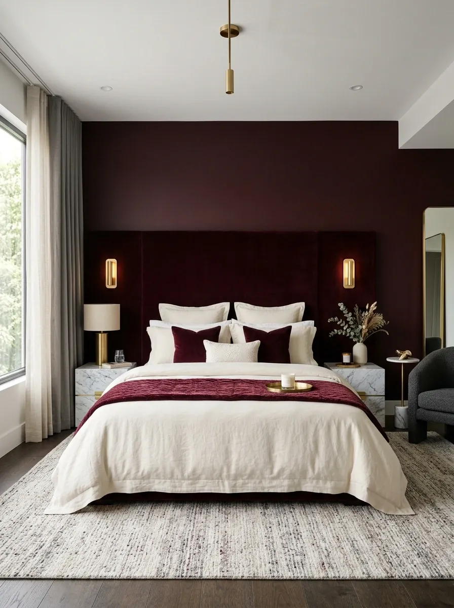 Luxe Burgundy Bedroom With Velvet, Marble, and Cream