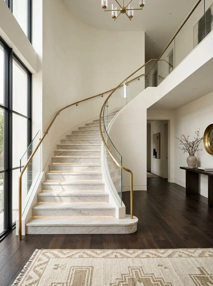 Luxurious Staircase With Marble Treads and Brass Rail