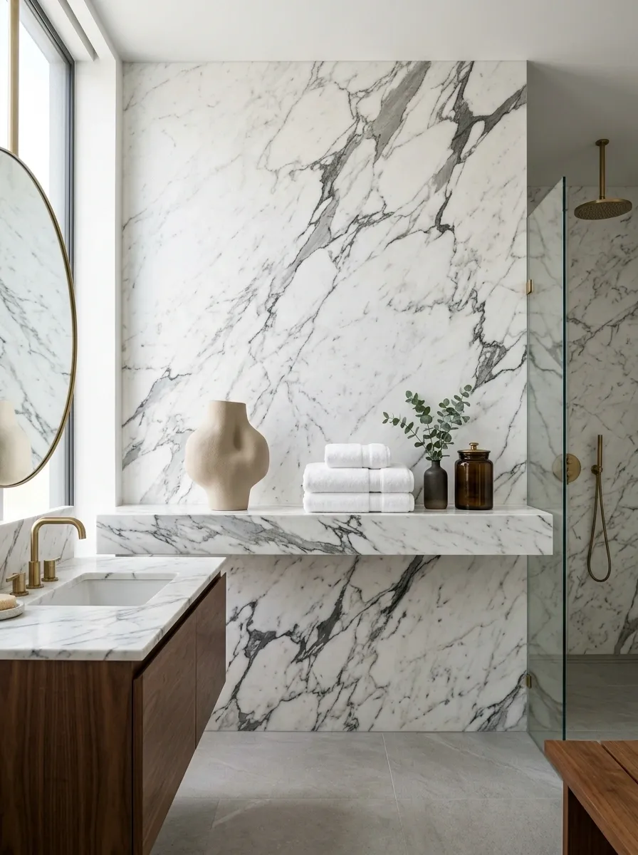 Luxury Bathroom With Marble Shelf and Sculptural Styling