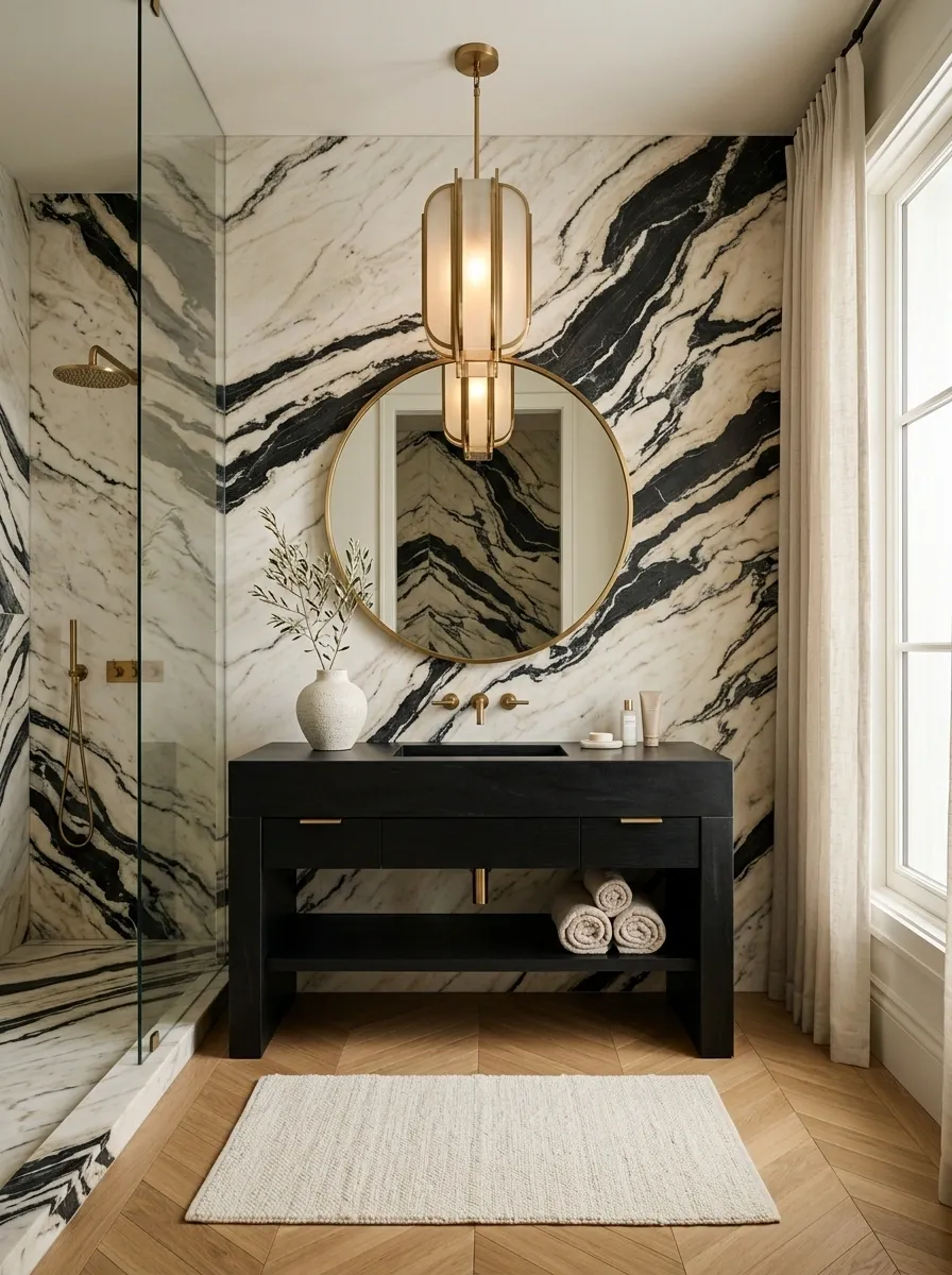 Luxury Black Bathroom With Veined Stone and Sculptural Lighting