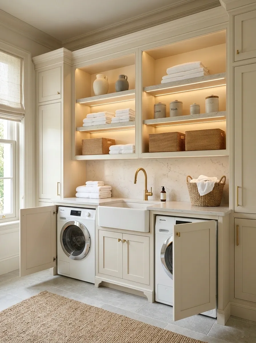 Luxury Laundry Room With Stone Shelves and Integrated Lighting
