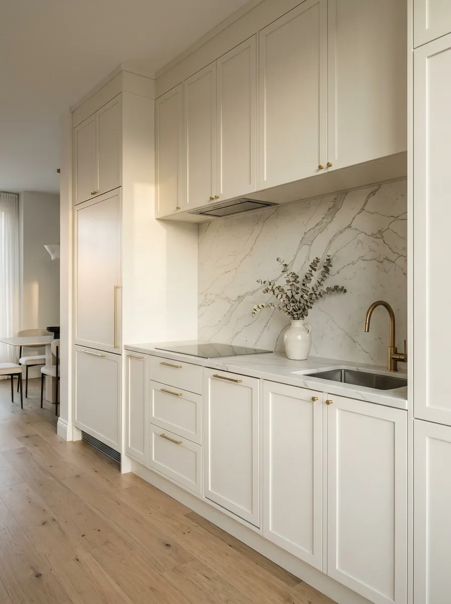 Luxury Small Kitchen With Full-Height Cabinetry and Calacatta-Look Counter